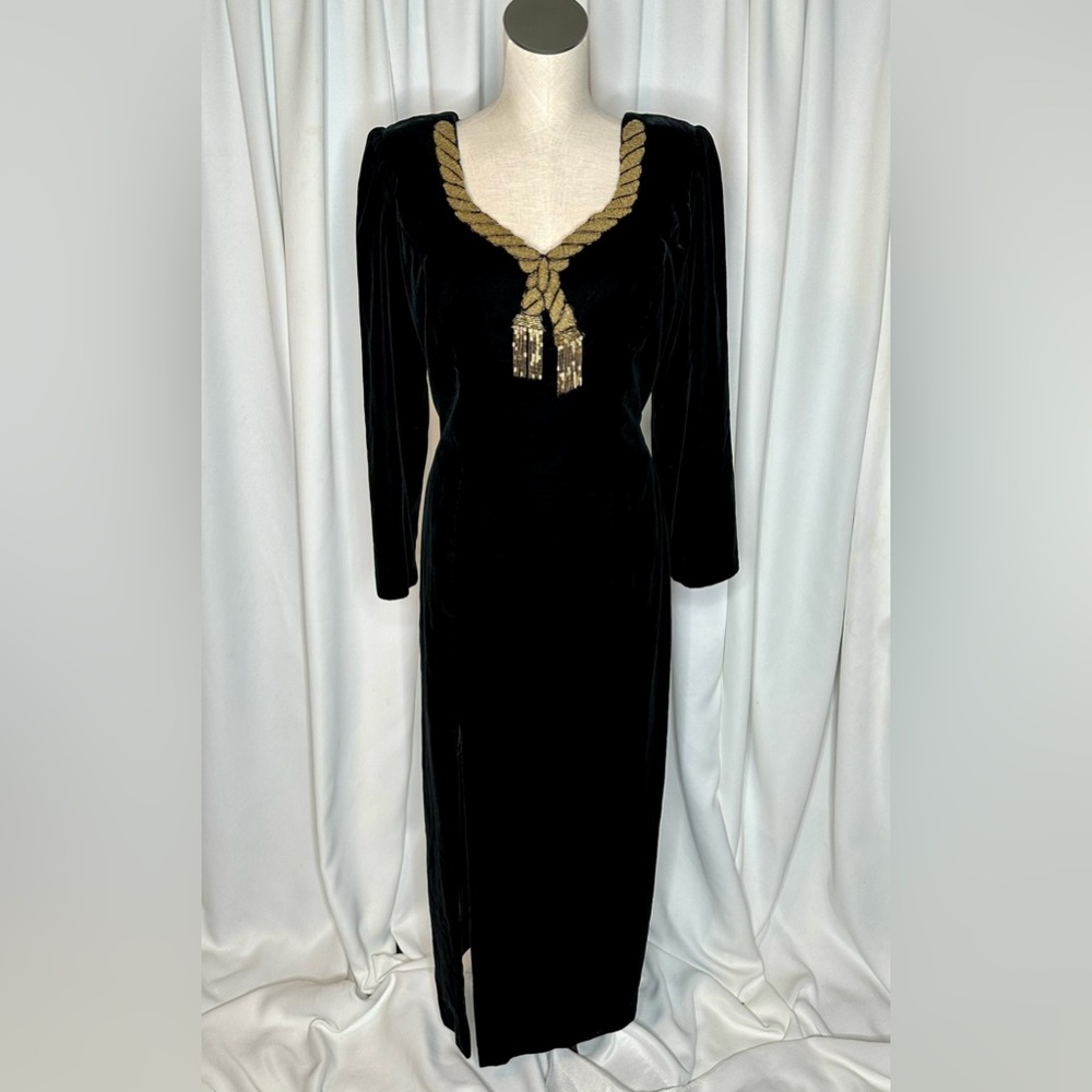 Vintage 80's Boutique Black Velvet Long Sleeve Beaded Column Length Dress